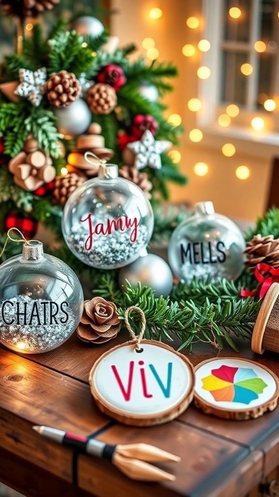 Unique DIY Christmas decorations including ornaments, a wreath, and wooden slice ornaments on a rustic table.